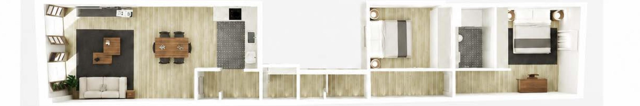 Floor plan of the interior — two bedrooms, two bathrooms, open-plan living and kitchen