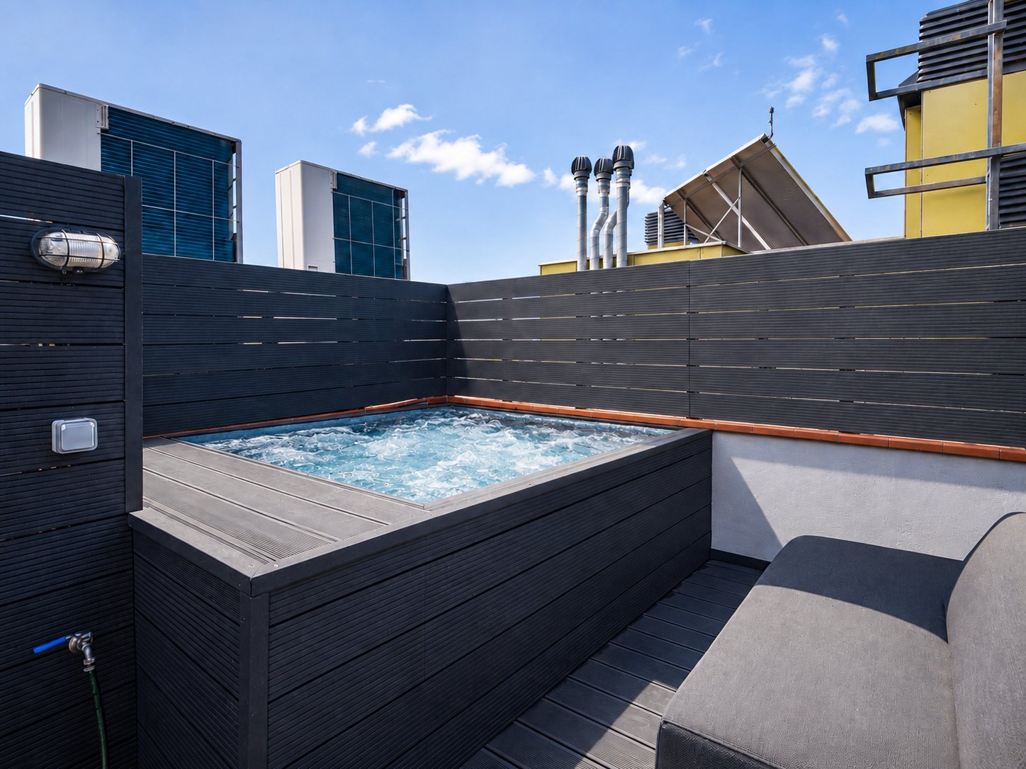 The jacuzzi on the rooftop deck, filled and running, decked and screened on every side — shown as it will be on completion; the unit is installed on completion as part of the sale